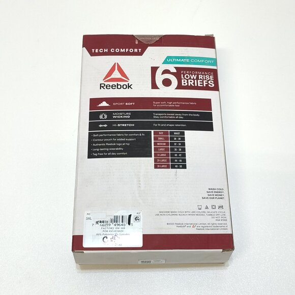 Reebok Performance Low Rise Briefs Men's 3XL 6-Pack Moisture Wicking Comfort NWT - Picture 2 of 4